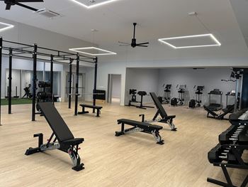A gym with a variety of equipment including benches and weight racks.